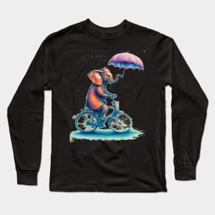 An elephant on a bicycle, holding an umbrella. Long Sleeve T-Shirt